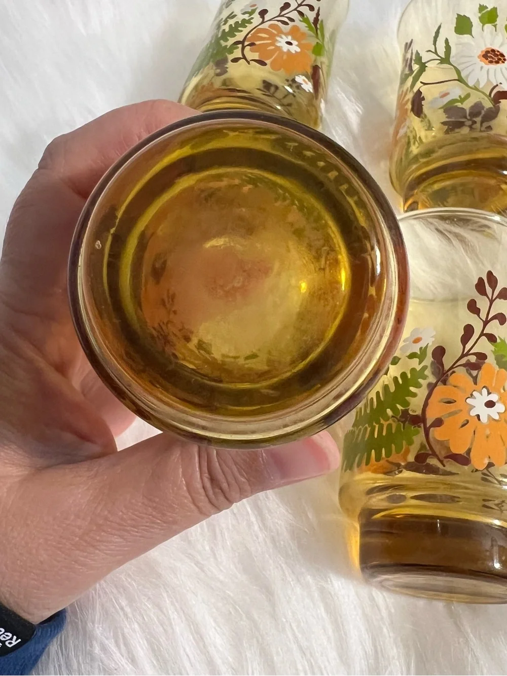 Libbey Juice Glasses Flower Amber Groovy 1970s Vintage - 4 pcs
